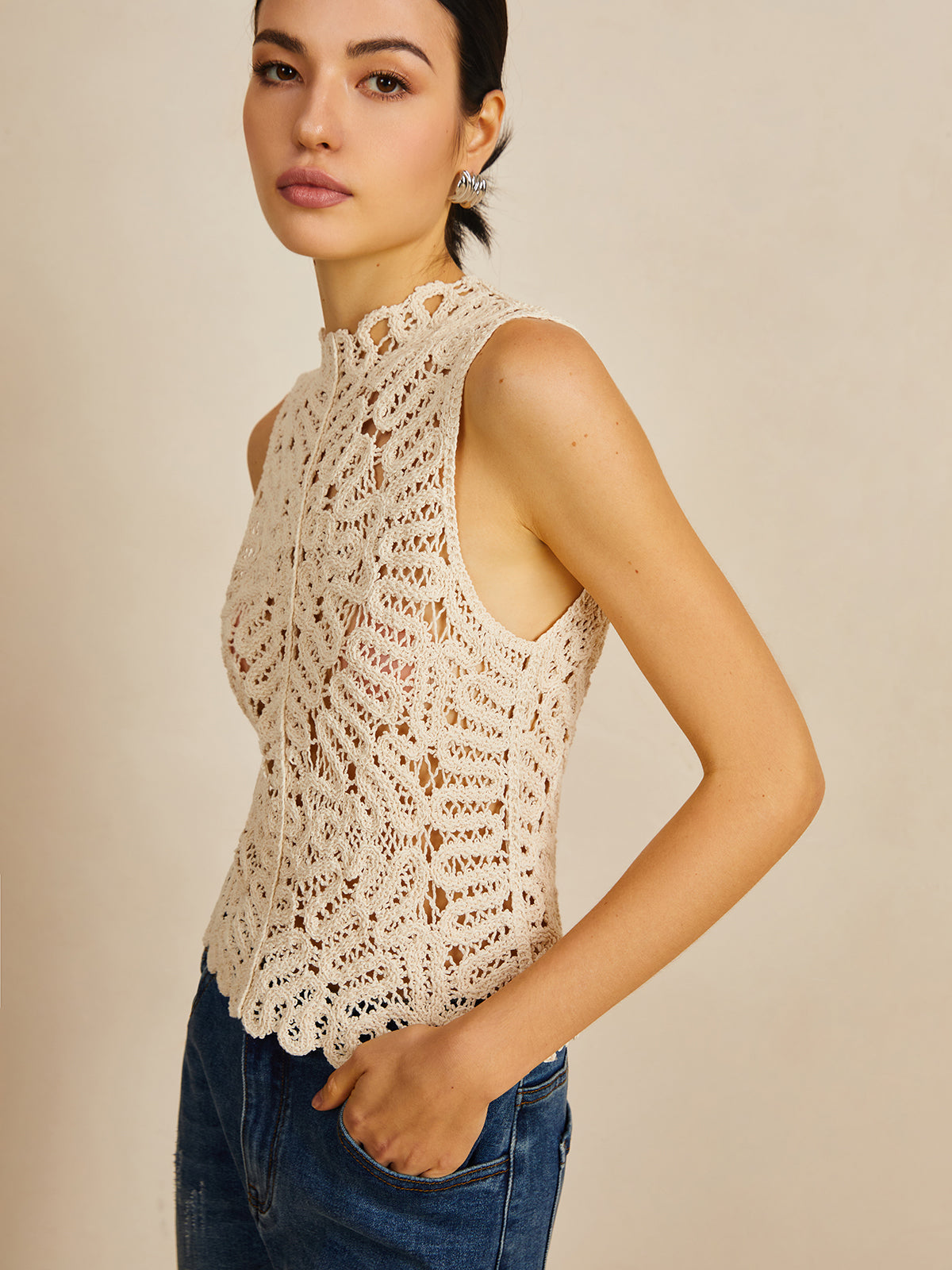 Floral Crochet Hollow Out Sweater Vest-Chicvia