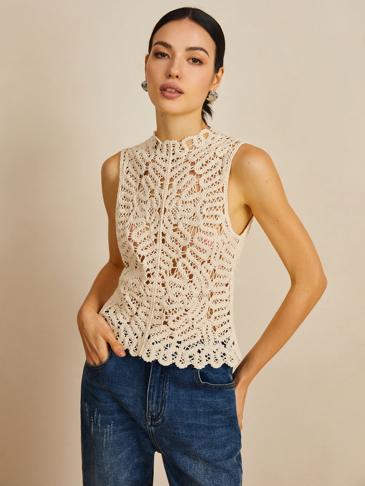 Floral Crochet Hollow Out Sweater Vest-Chicvia