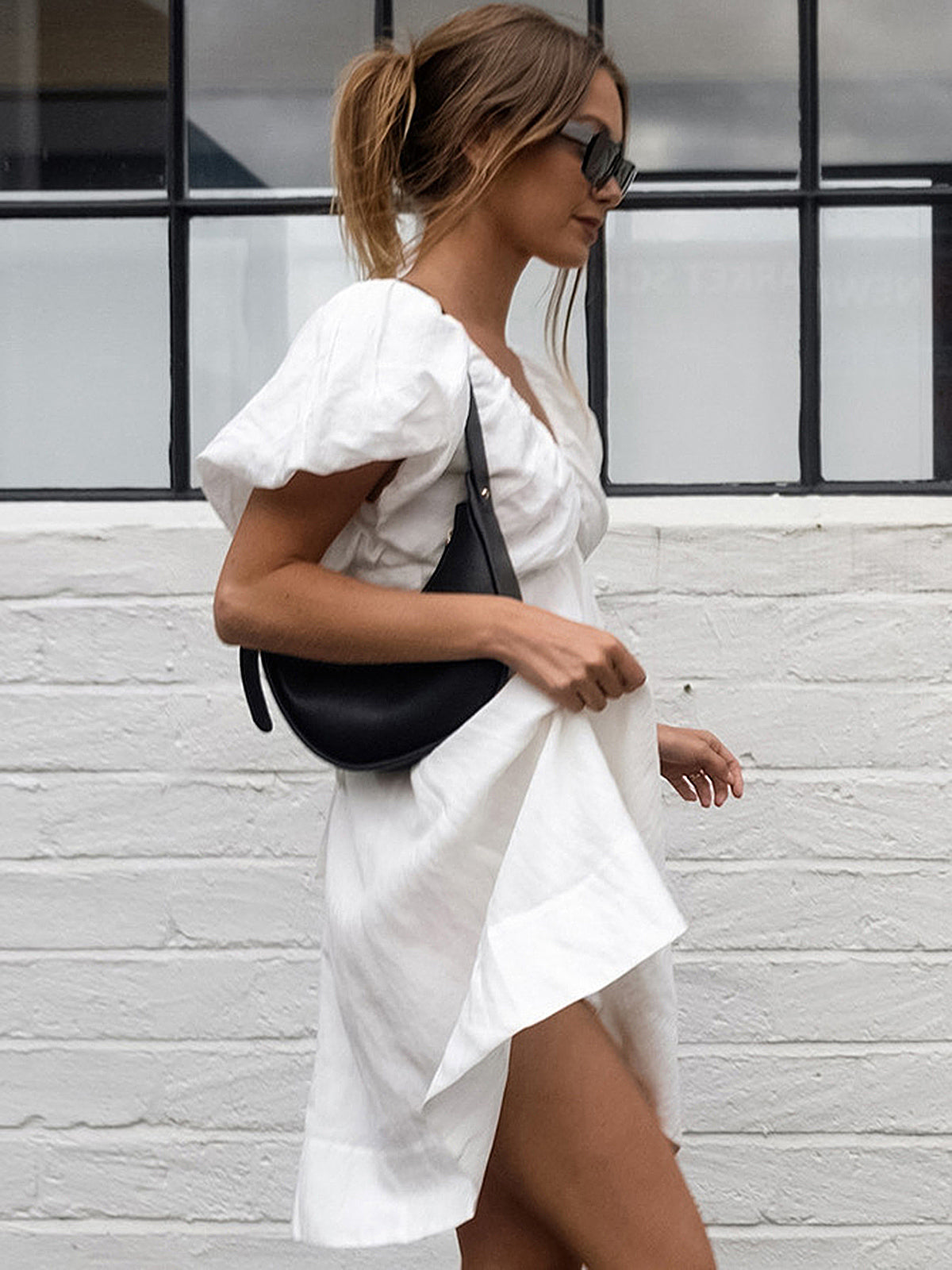 Cotton V-Neck Puff Sleeves Backless Dress-Chicvia