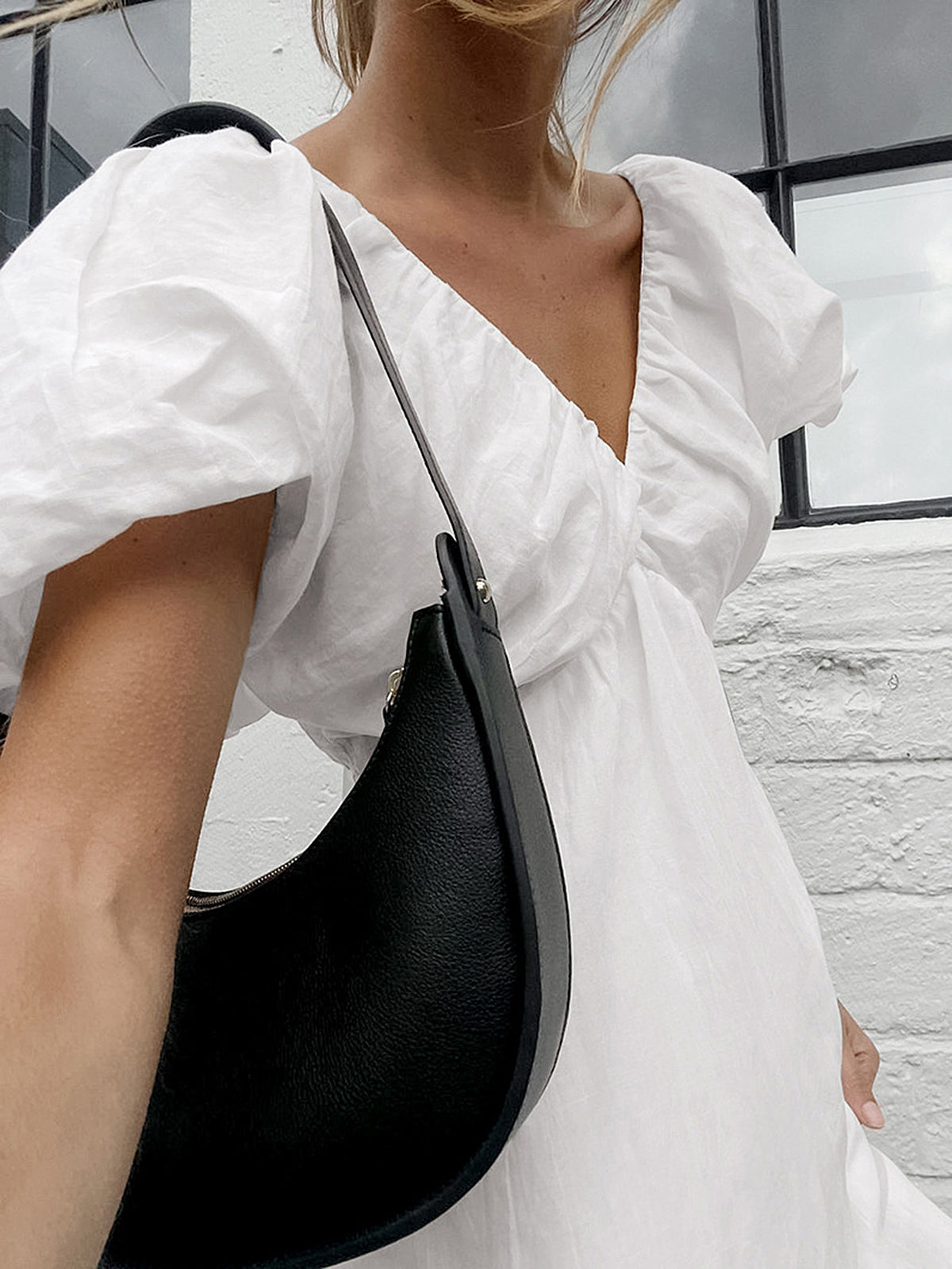 Cotton V-Neck Puff Sleeves Backless Dress-Chicvia