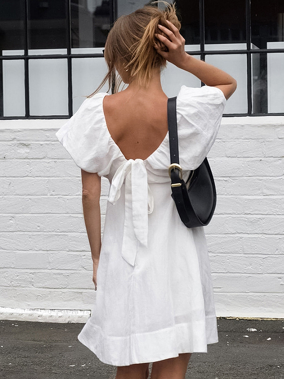 Cotton V-Neck Puff Sleeves Backless Dress-Chicvia