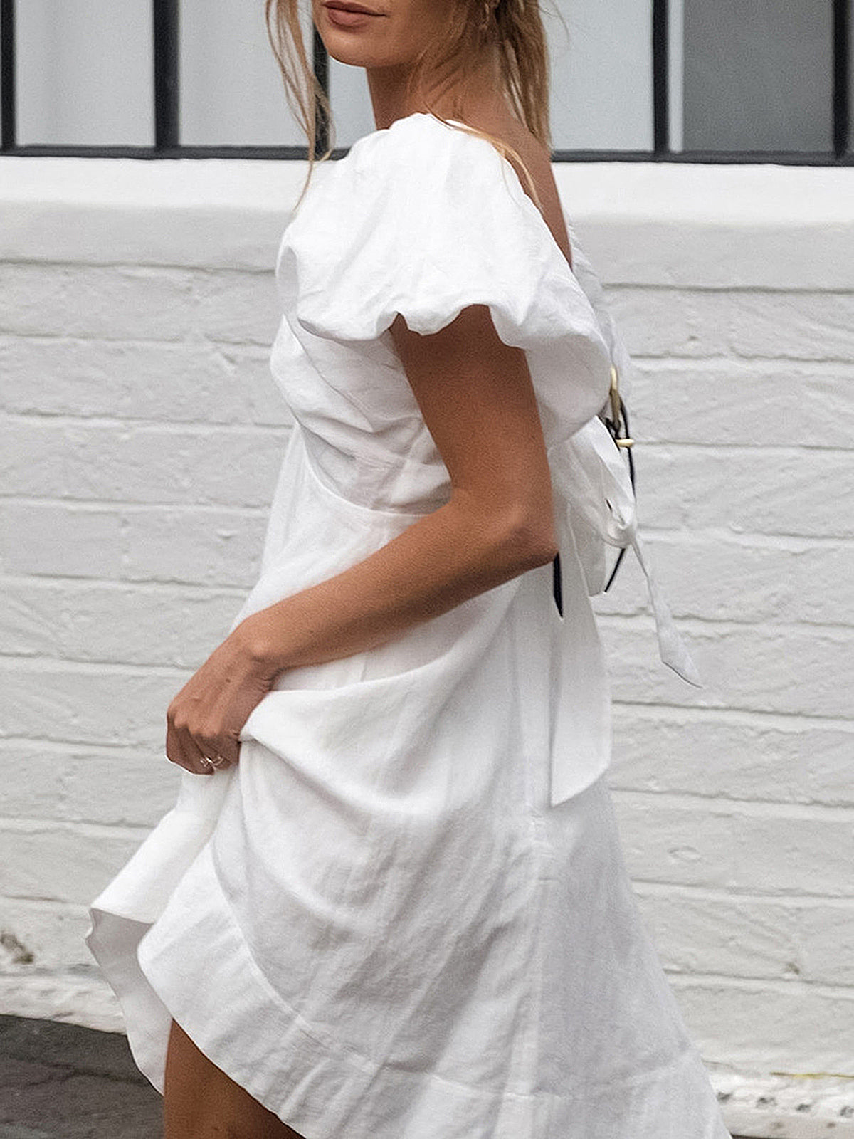 Cotton V-Neck Puff Sleeves Backless Dress-Chicvia