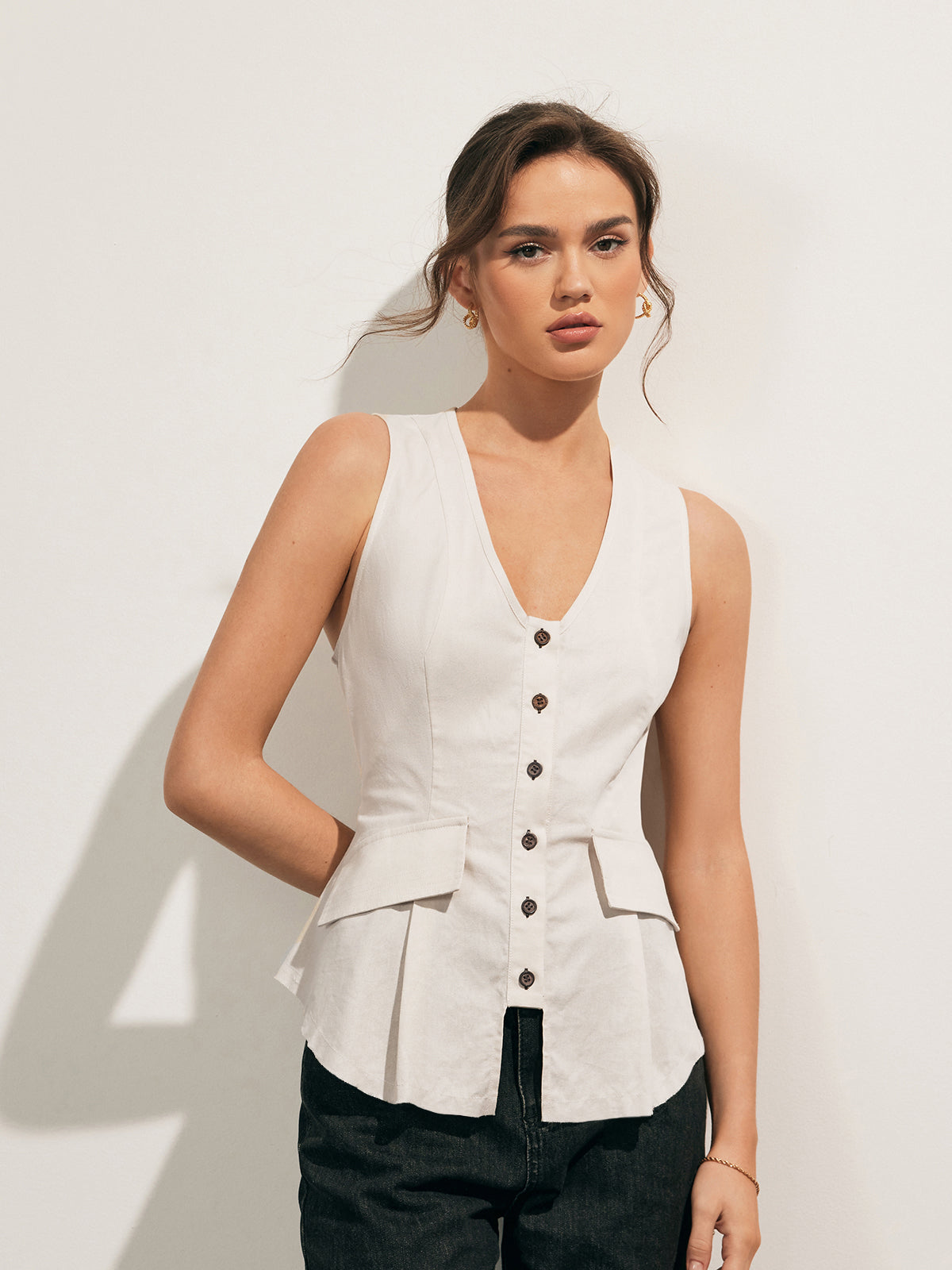 Linen Blends Raw Hem Button Up Vest-Chicvia