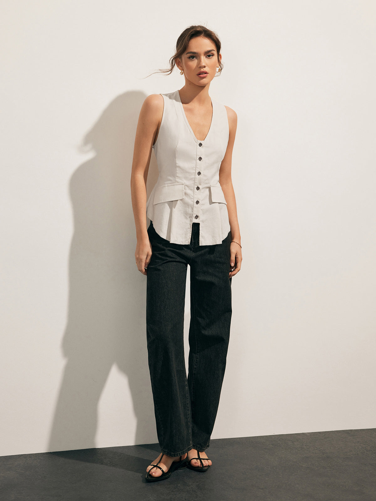 Linen Blends Raw Hem Button Up Vest-Chicvia