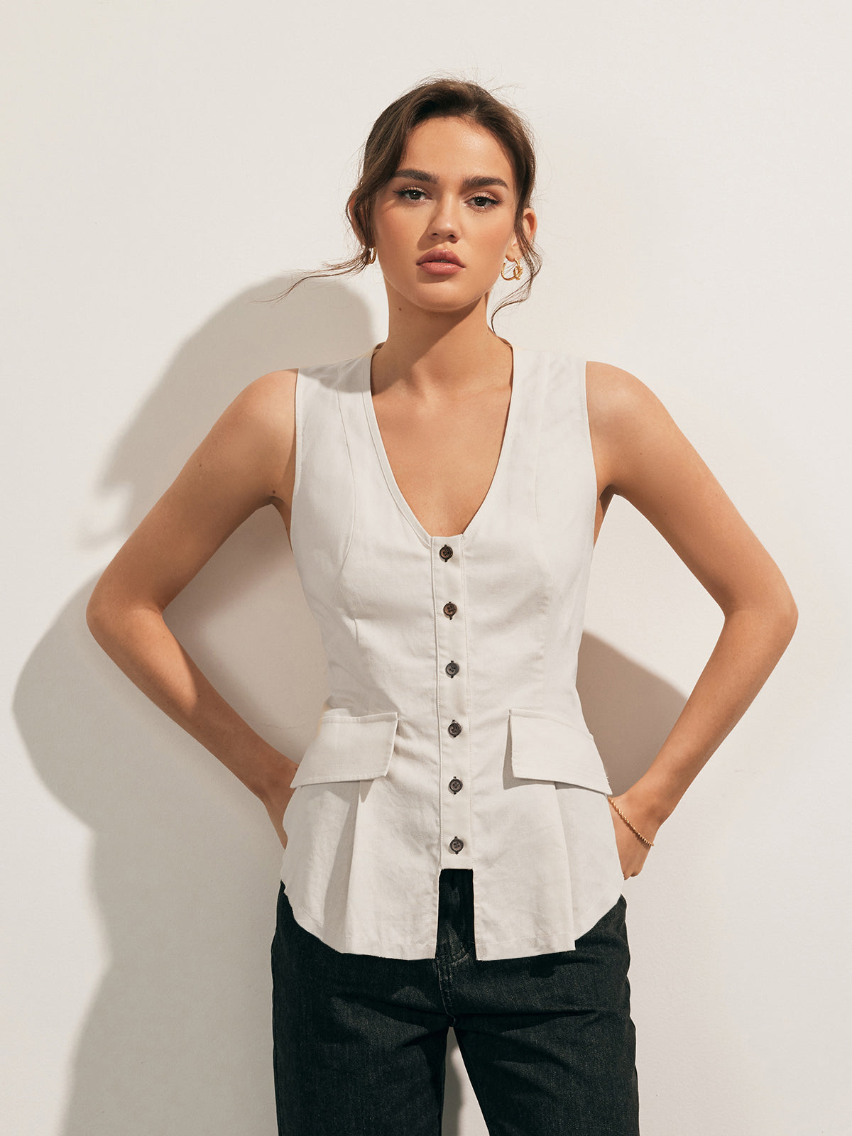 Linen Blends Raw Hem Button Up Vest-Chicvia