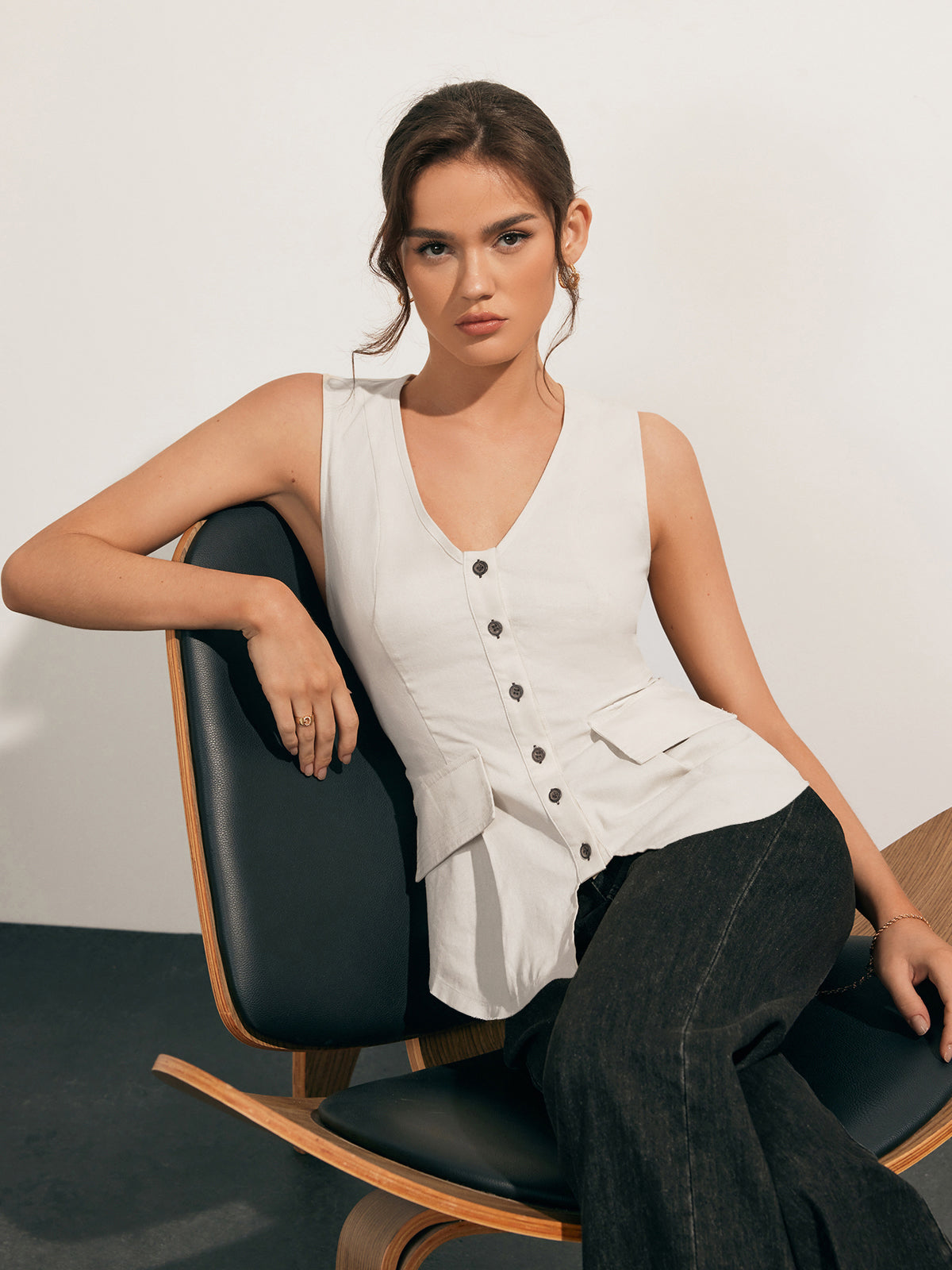 Linen Blends Raw Hem Button Up Vest-Chicvia