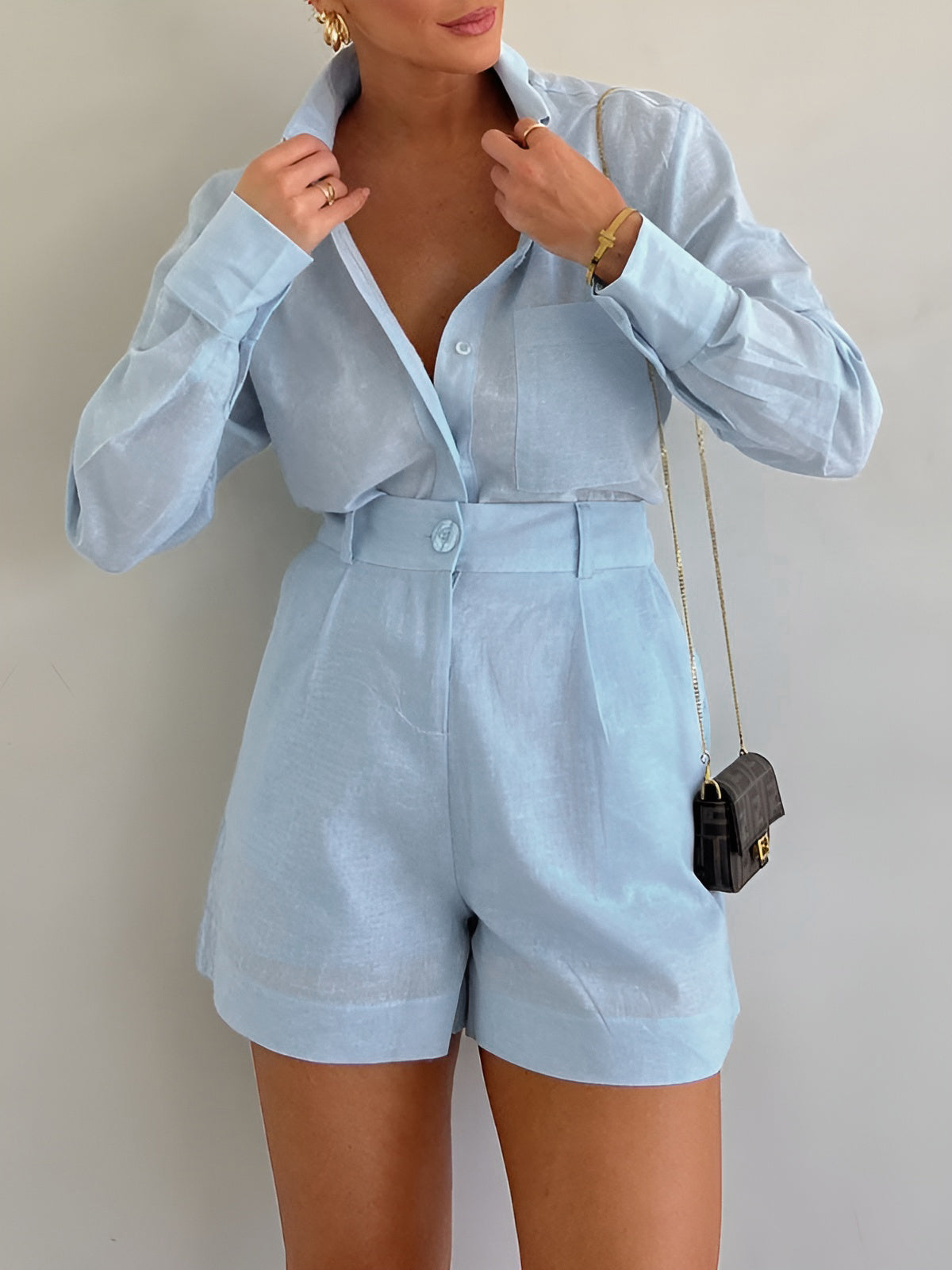 Long Sleeve Loose Shorts Set-Chicvia