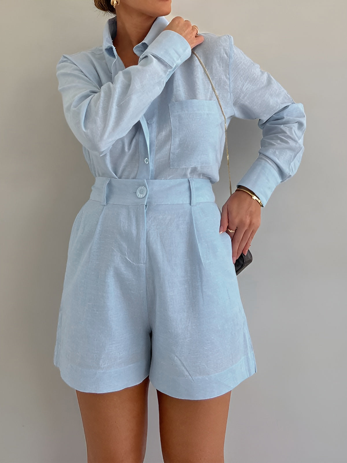 Long Sleeve Loose Shorts Set-Chicvia