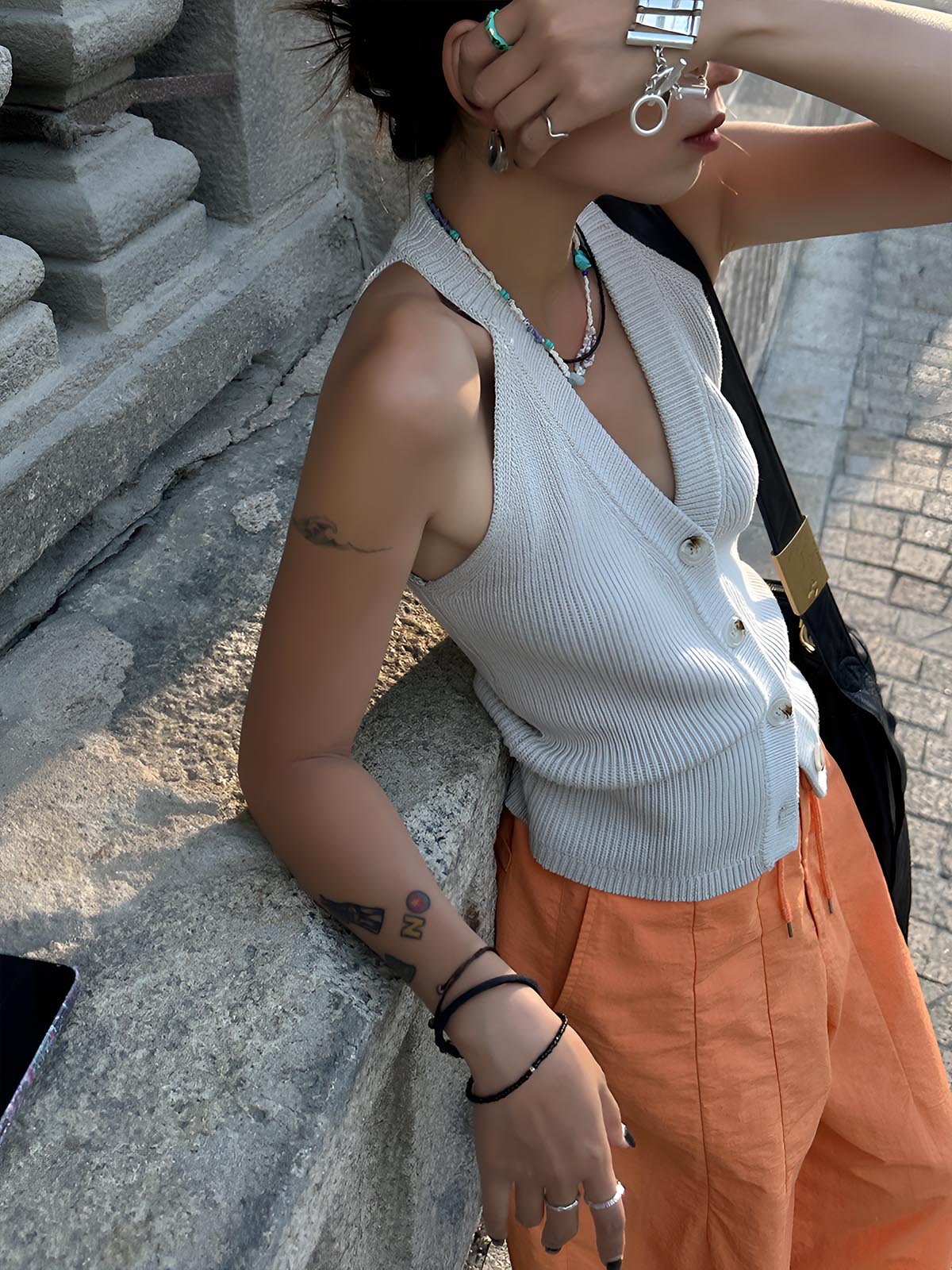 Button V-Neck Knit Vest-Chicvia