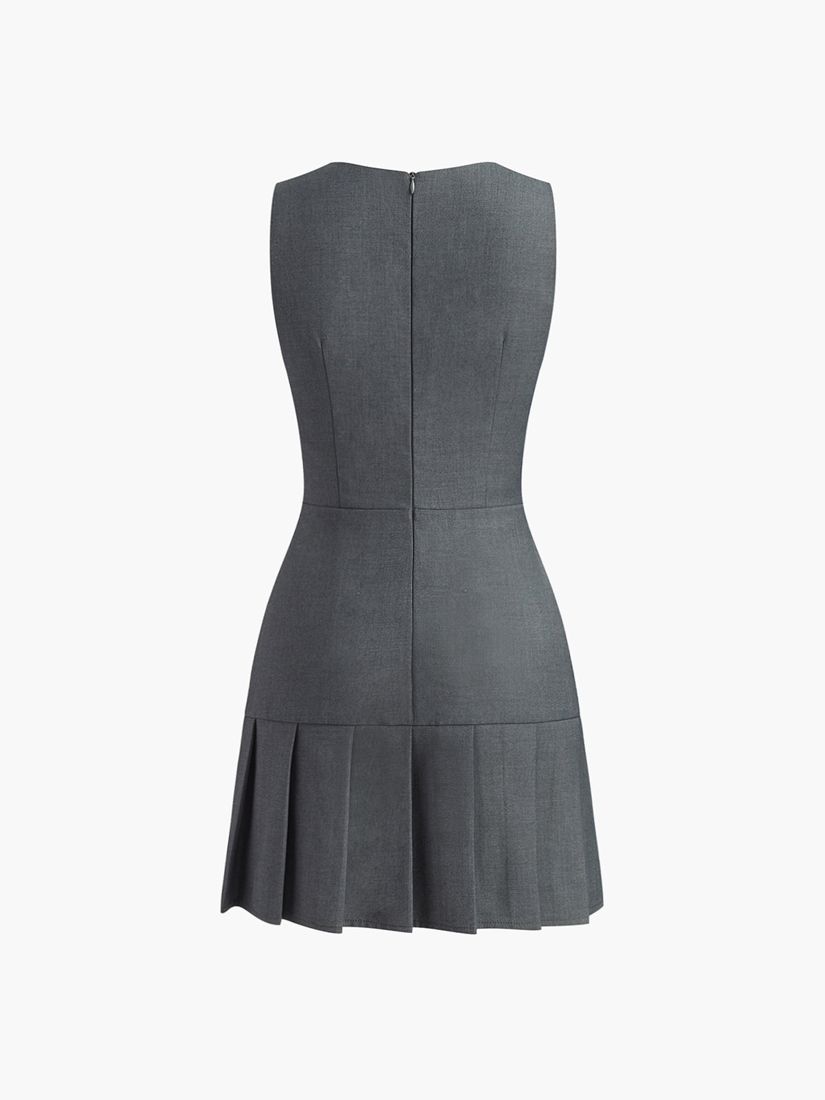 Crew Neck Pleated Zipper Plain Dress-Chicvia