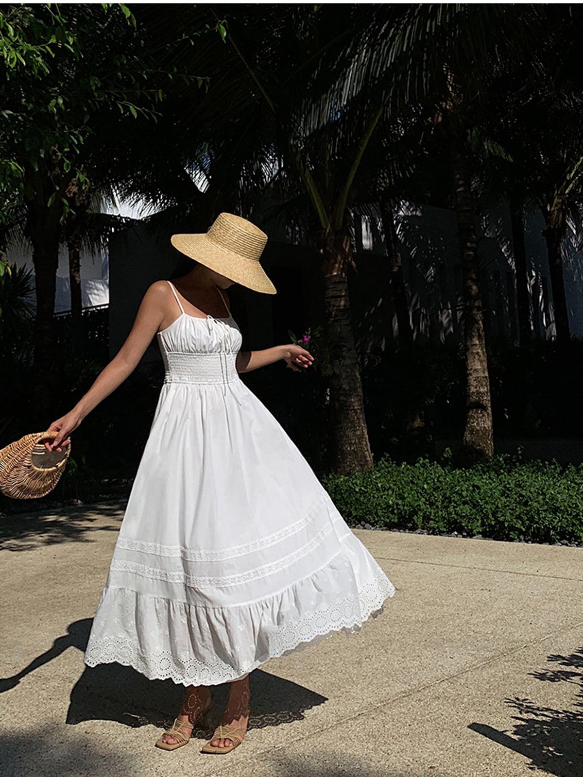 Embroidery Shift Shirred Long Dress-Chicvia