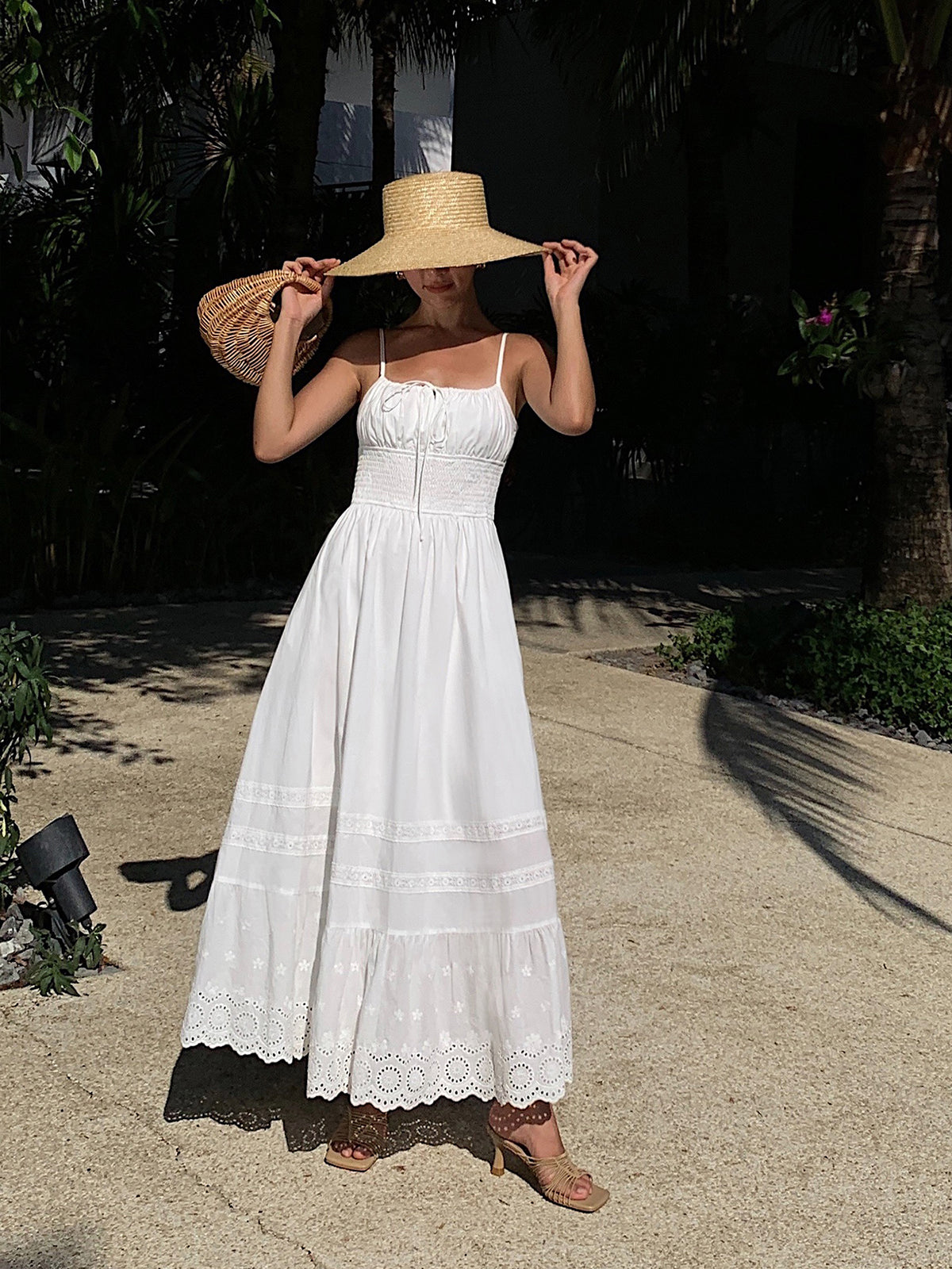 Embroidery Shift Shirred Long Dress-Chicvia