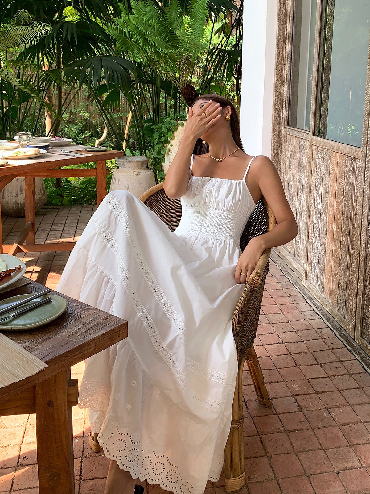 Embroidery Shift Shirred Long Dress-Chicvia