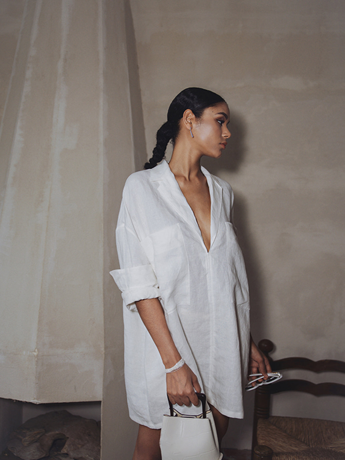 Linen Pockets Semi-Sheer Long Sleeve Dress-Chicvia