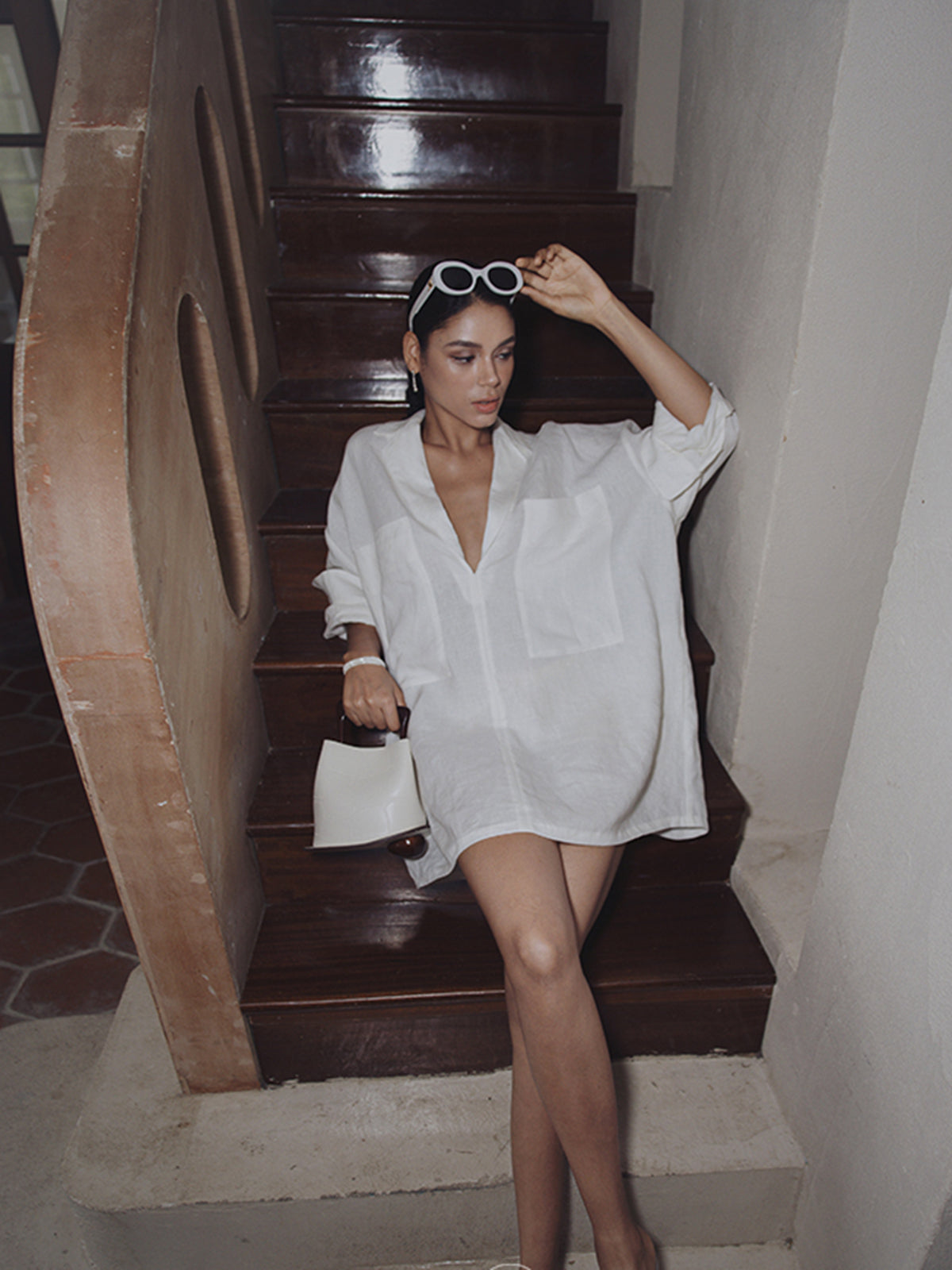 Linen Pockets Semi-Sheer Long Sleeve Dress-Chicvia