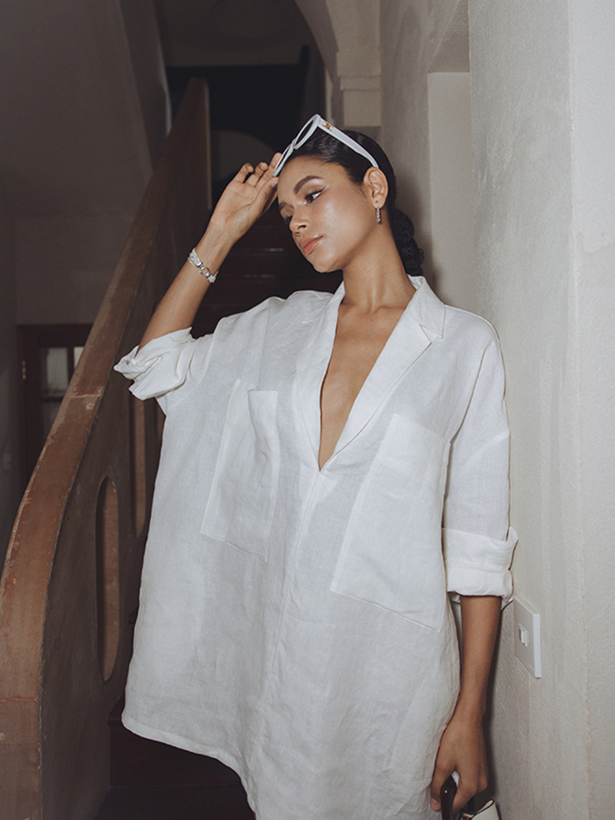 Linen Pockets Semi-Sheer Long Sleeve Dress-Chicvia