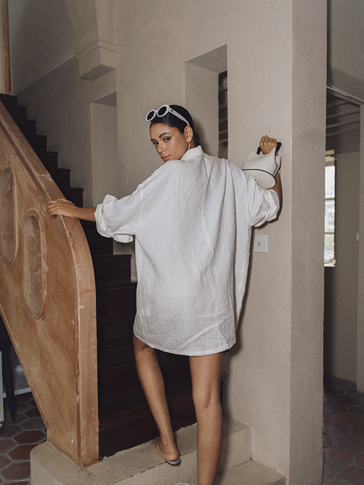 Linen Pockets Semi-Sheer Long Sleeve Dress-Chicvia