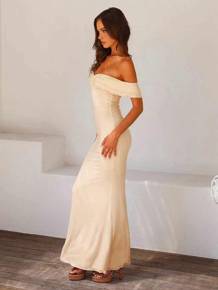 Off Shoulder Ruffle Satin Long Dress-Chicvia