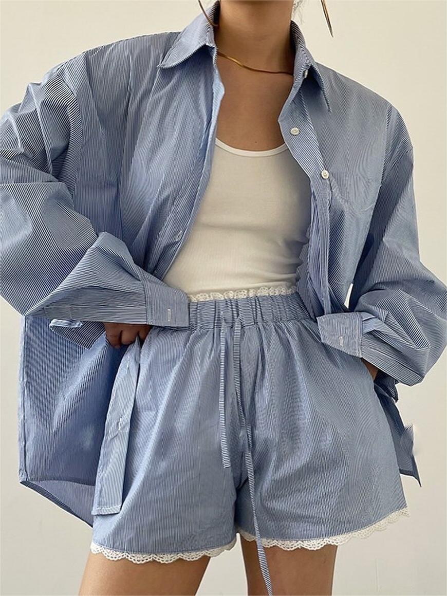 Oversized Stripe Textured Long Sleeve Shorts Set-Chicvia