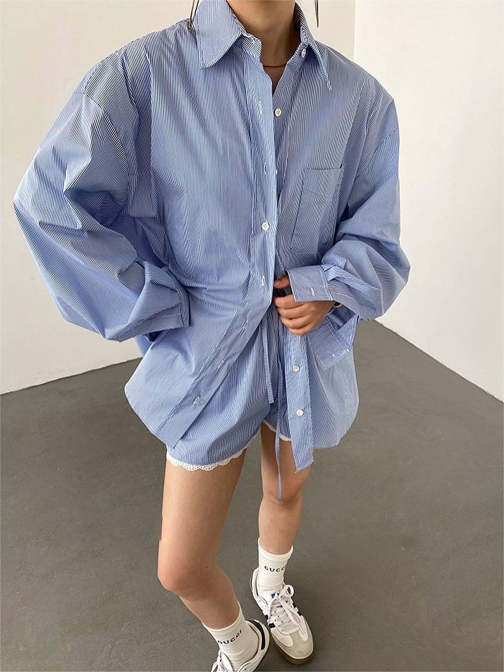 Oversized Stripe Textured Long Sleeve Shorts Set-Chicvia