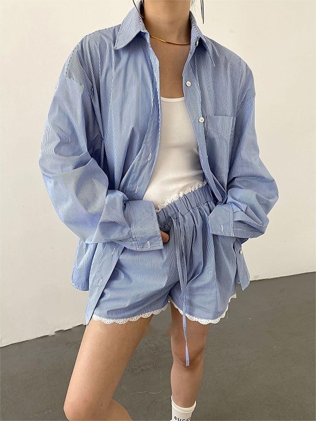 Oversized Stripe Textured Long Sleeve Shorts Set-Chicvia