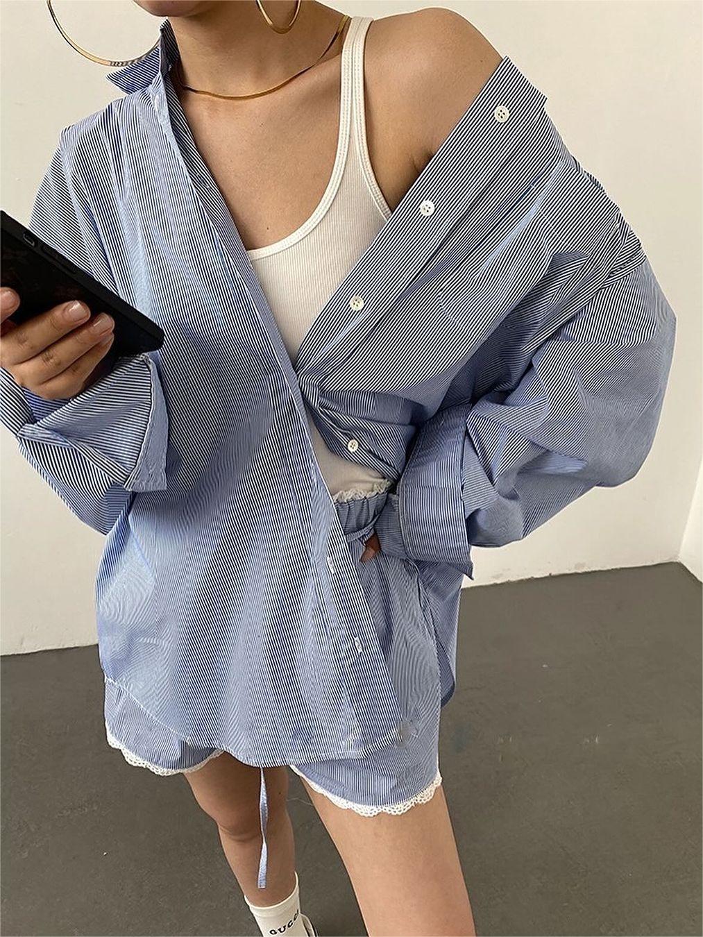 Oversized Stripe Textured Long Sleeve Shorts Set-Chicvia