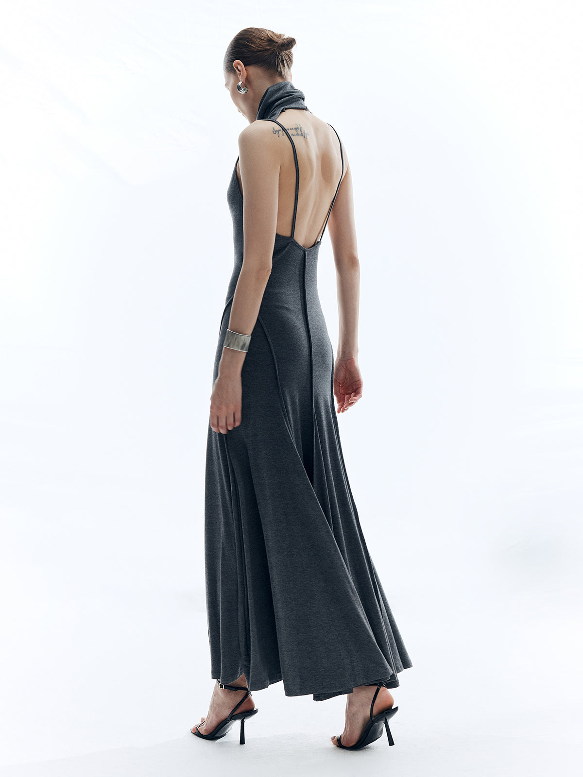 High Neck Backless Solid Dress-Chicvia