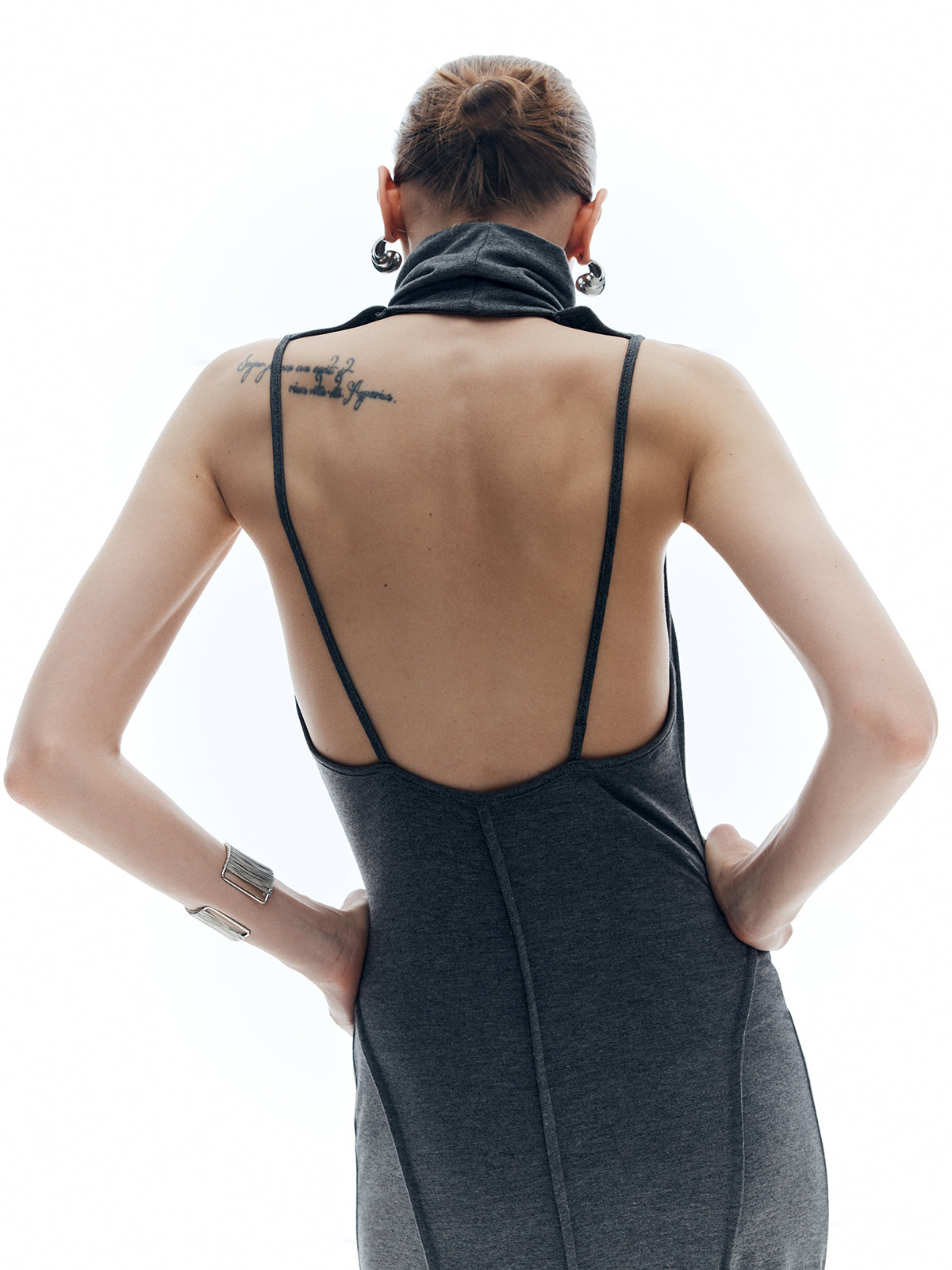 High Neck Backless Solid Dress-Chicvia