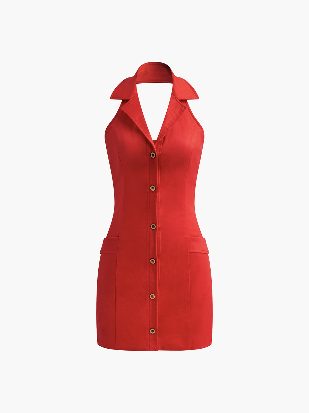 Button Front Backless Halter Dress-Chicvia