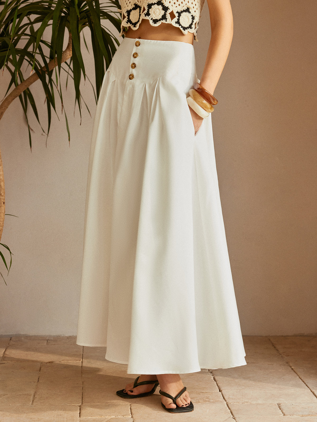 Oversized Button Ruched Pockets Skirt-Chicvia