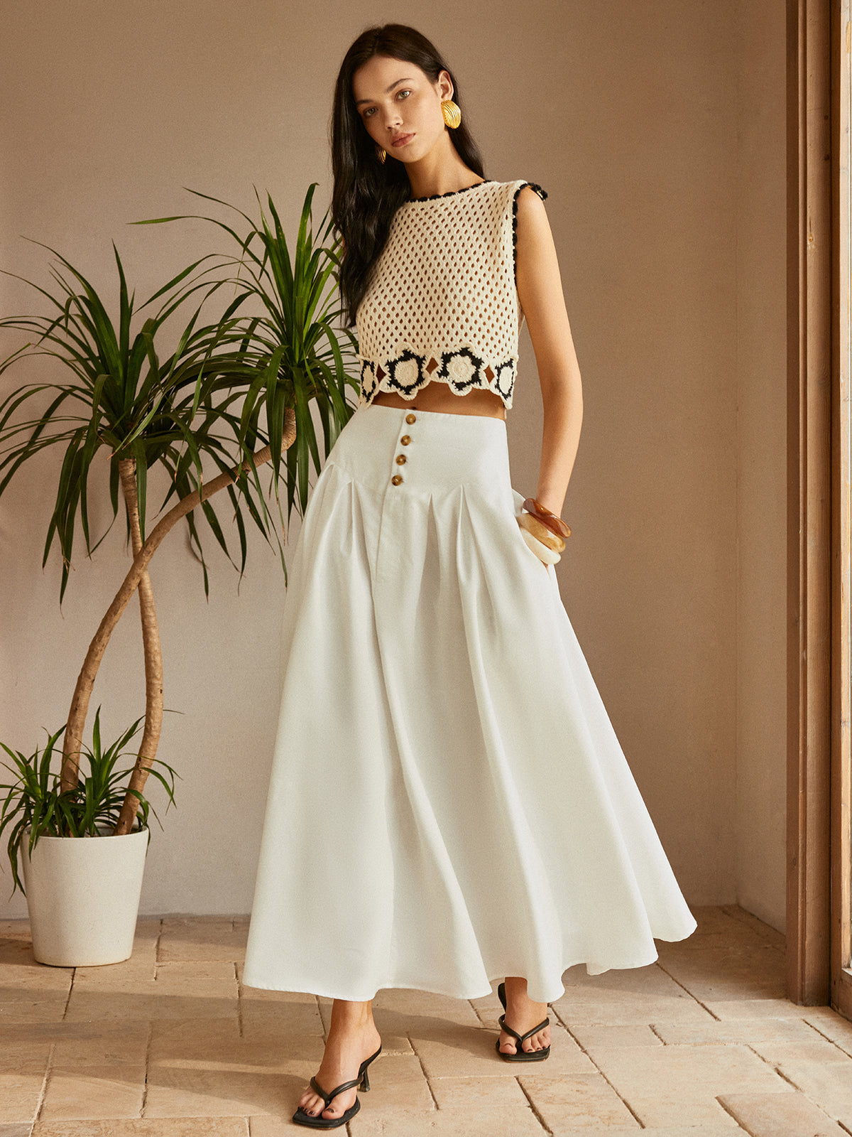 Oversized Button Ruched Pockets Skirt-Chicvia