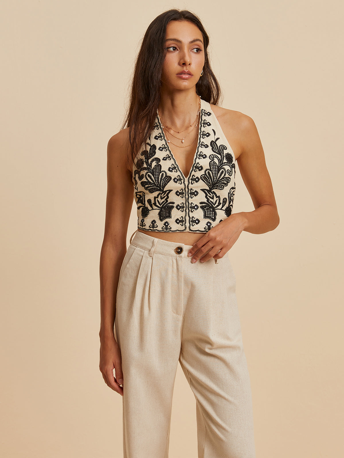 Embroidery Print V-Neck Halter Top-Chicvia