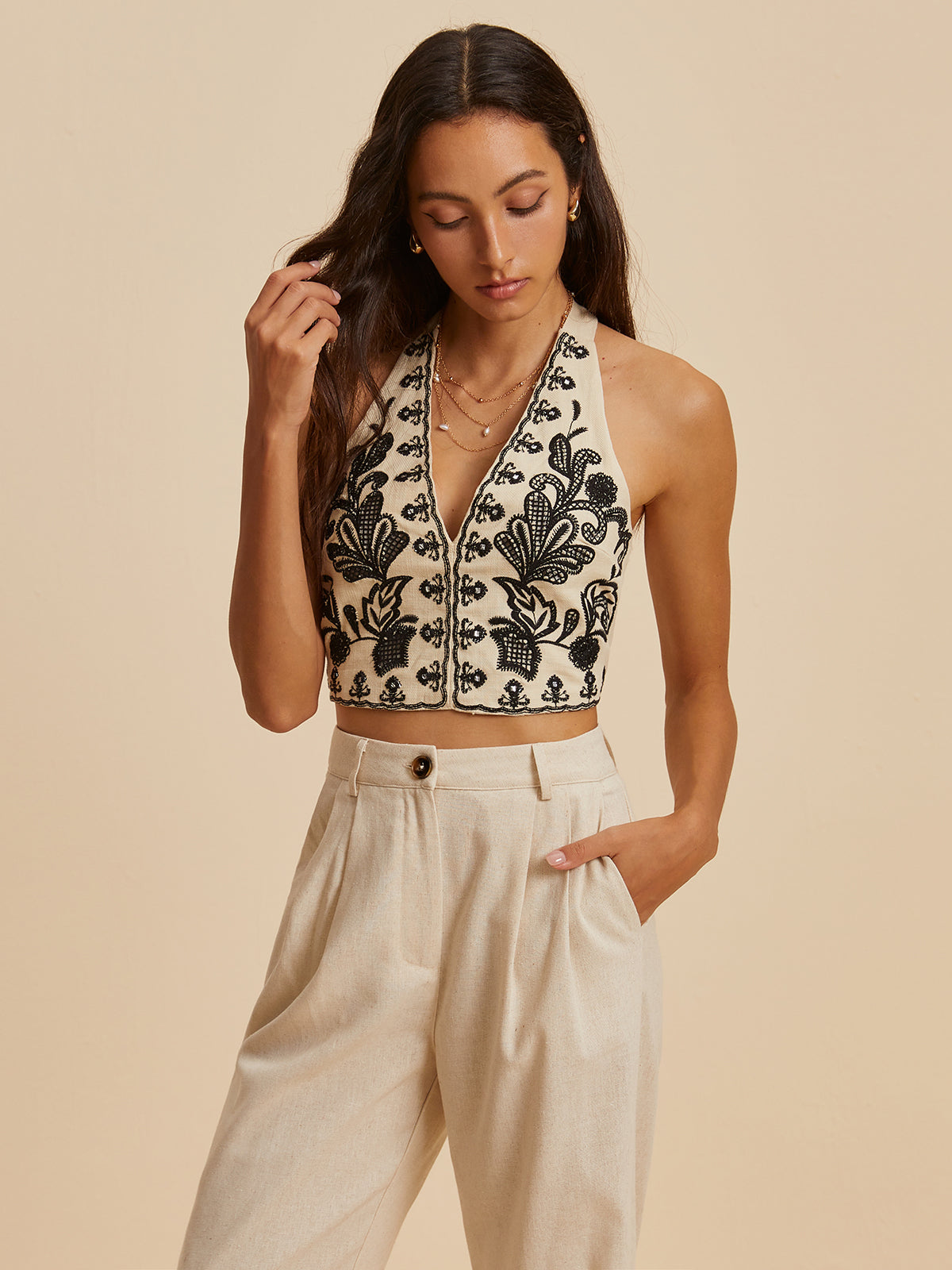 Embroidery Print V-Neck Halter Top-Chicvia