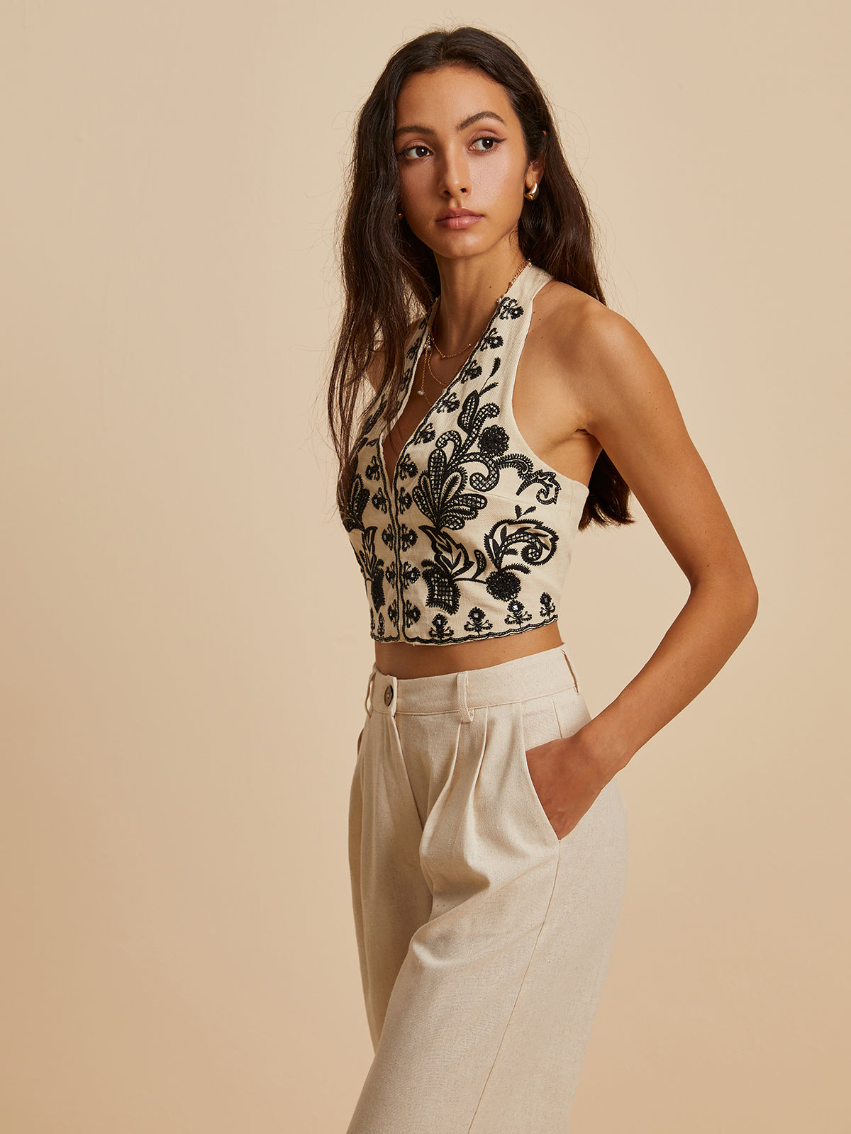 Embroidery Print V-Neck Halter Top-Chicvia