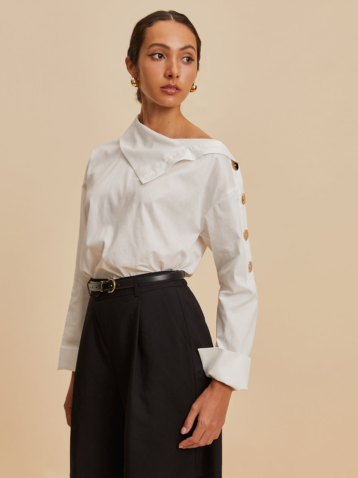 Cotton Asymmetrical Metal Button Shirt-Chicvia