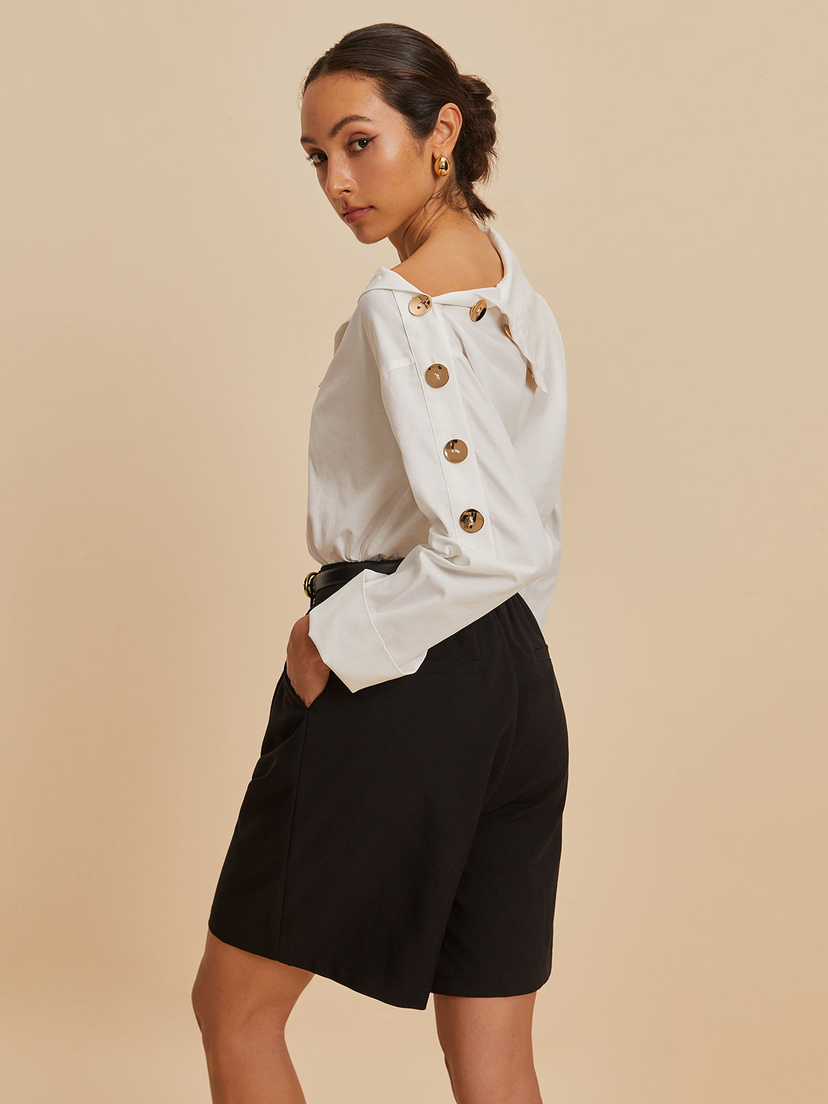 Cotton Asymmetrical Metal Button Shirt-Chicvia