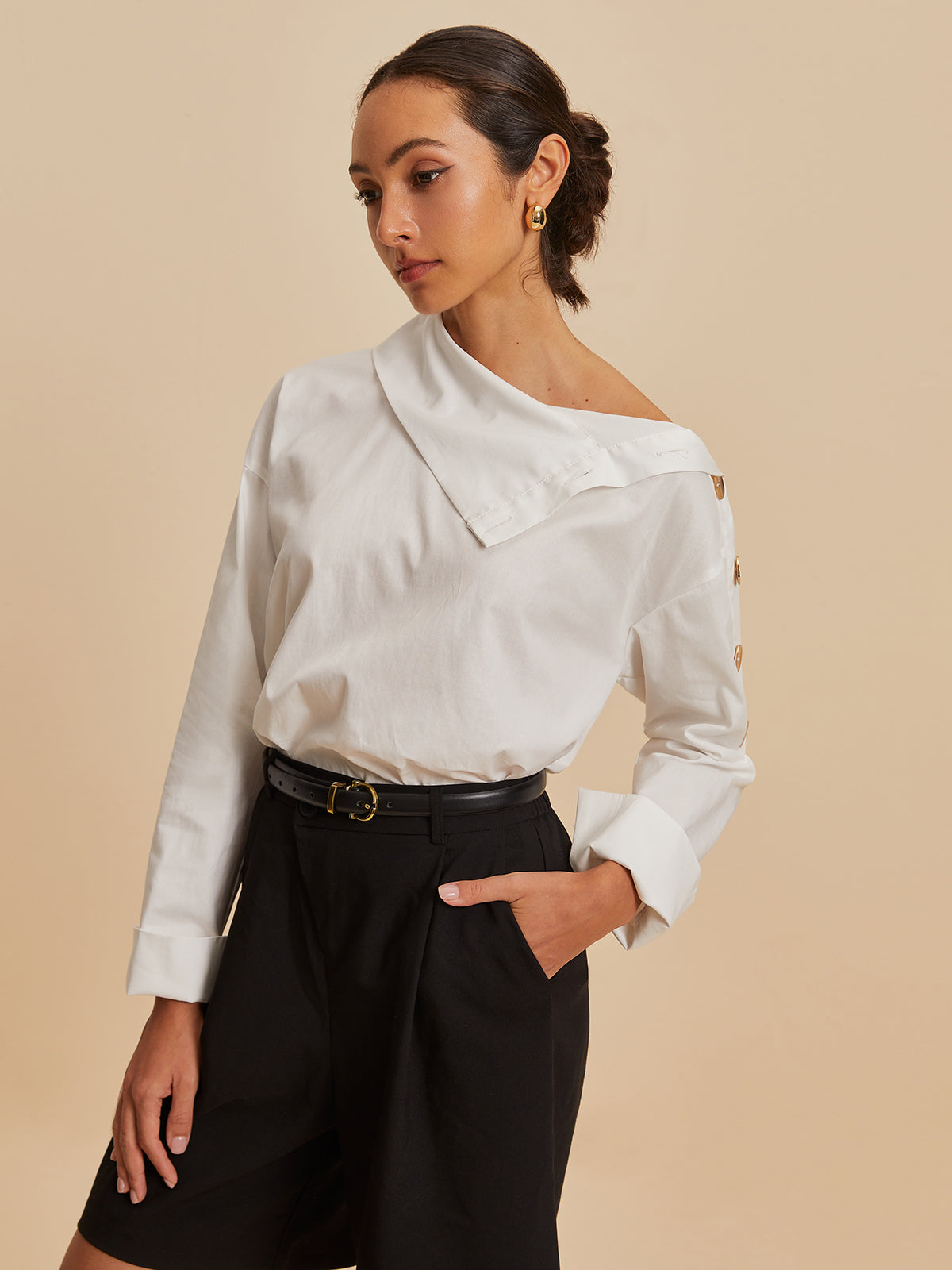 Cotton Asymmetrical Metal Button Shirt-Chicvia