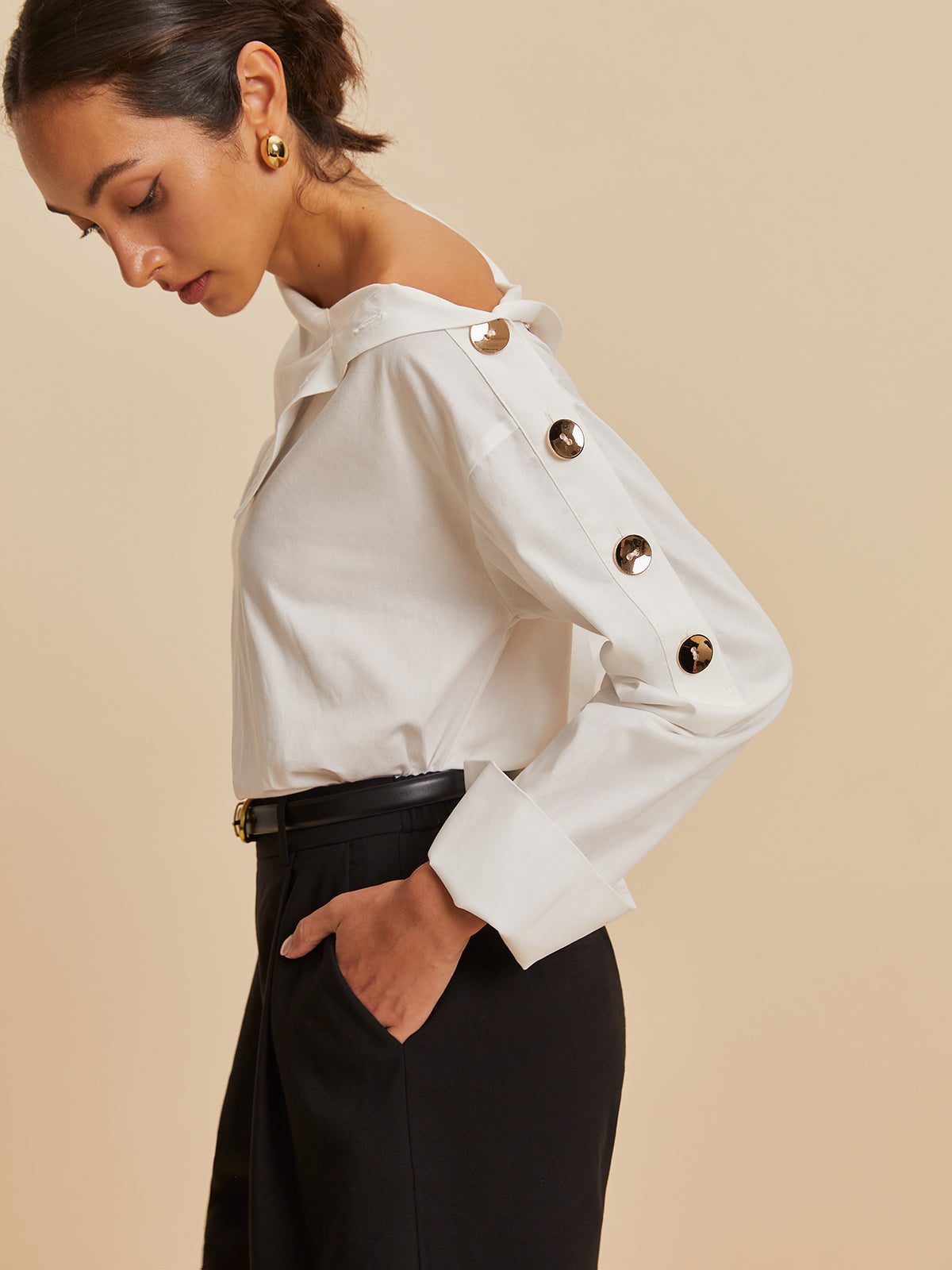 Cotton Asymmetrical Metal Button Shirt-Chicvia