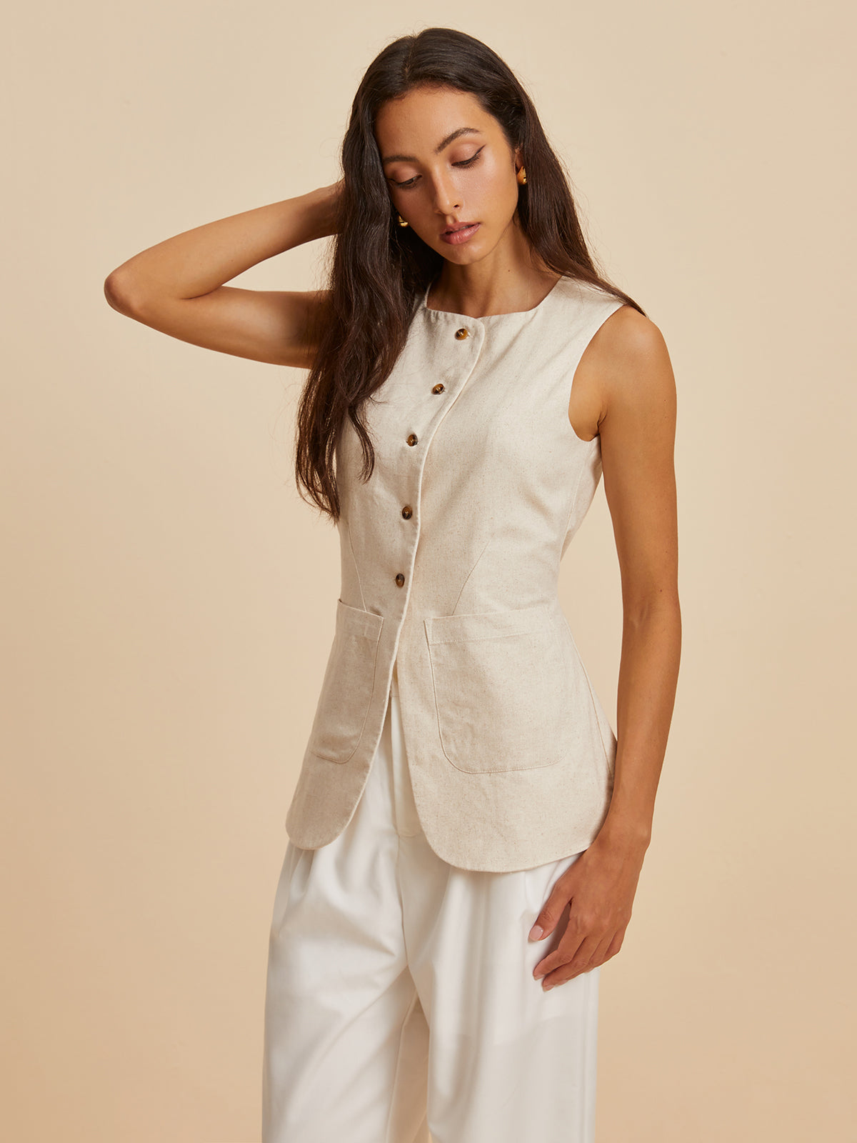 Linen Blend Pockets Vest-Chicvia