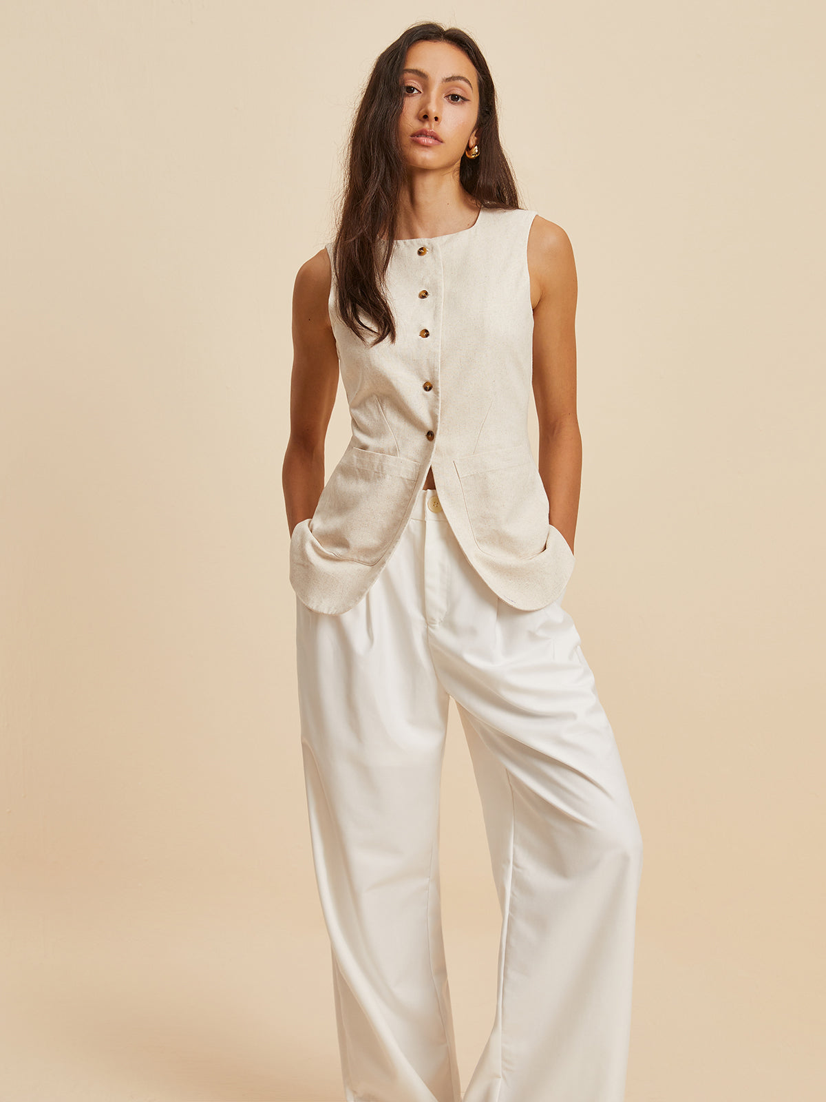 Linen Blend Pockets Vest-Chicvia