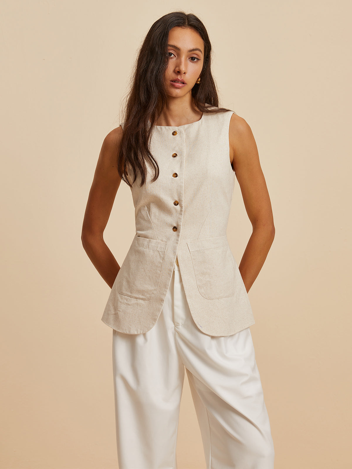 Linen Blend Pockets Vest-Chicvia