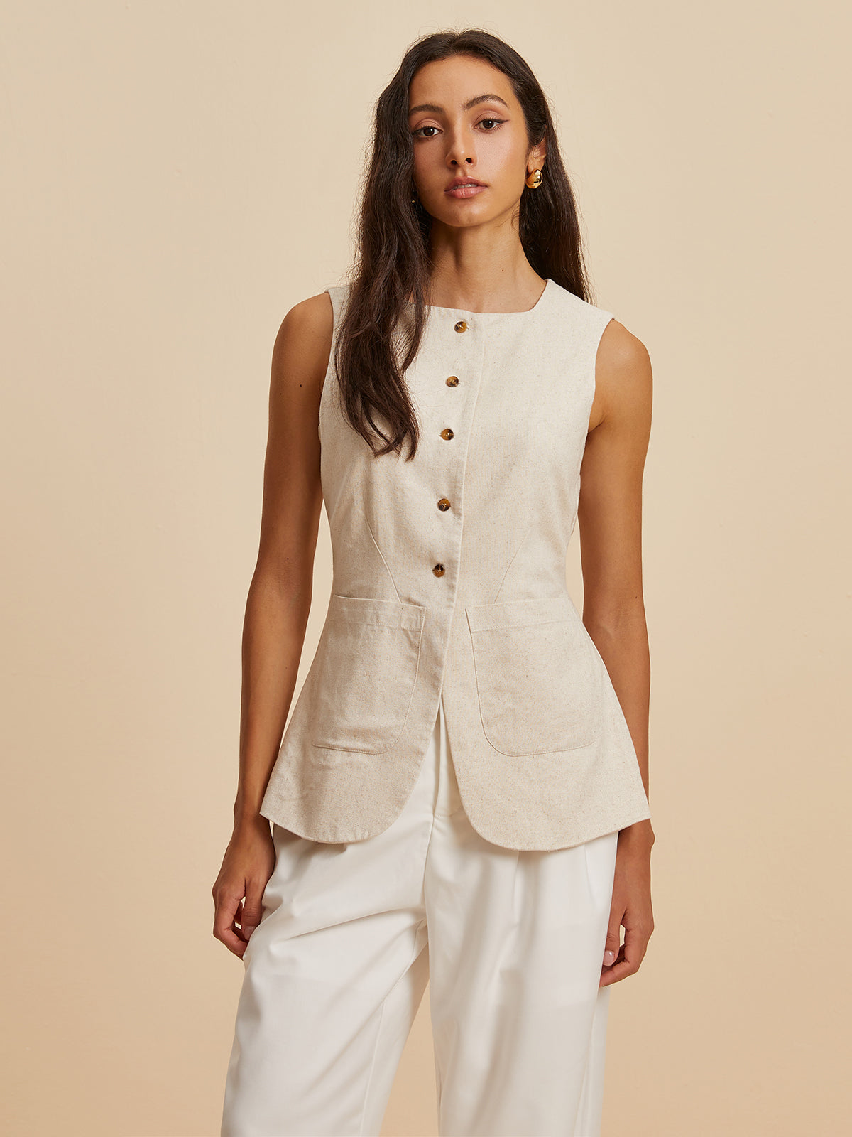 Linen Blend Pockets Vest-Chicvia