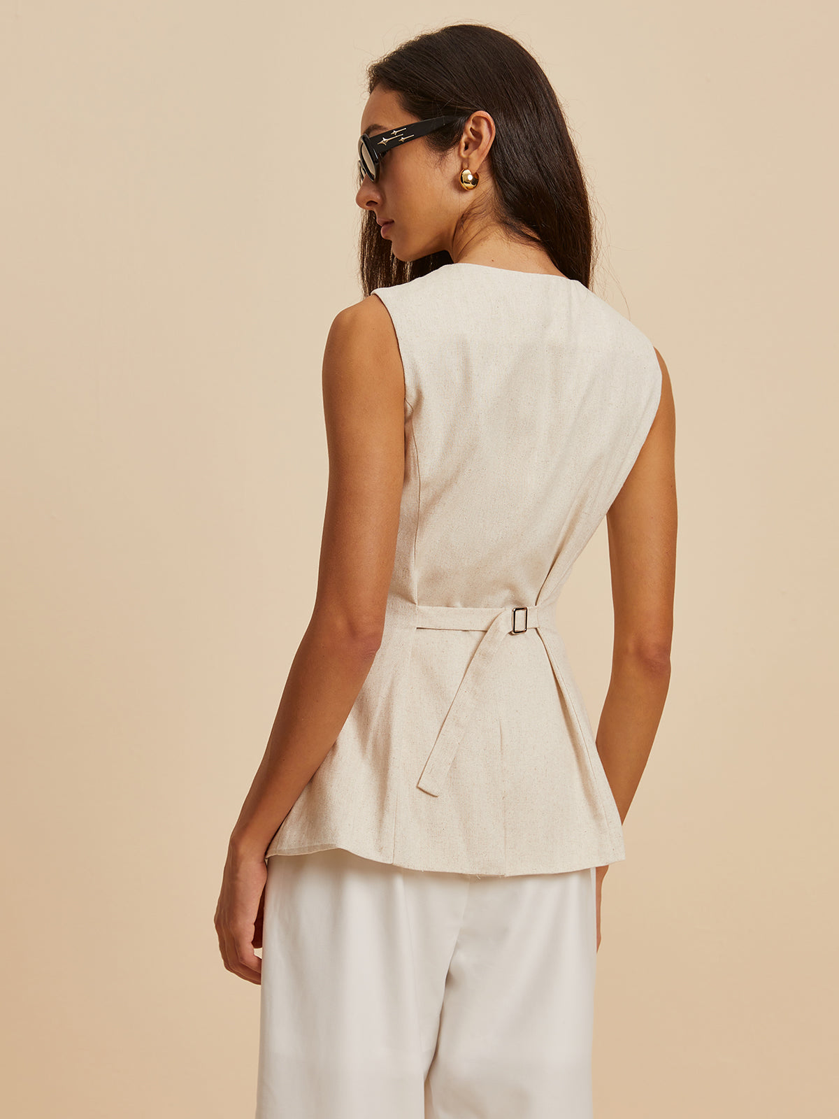 Linen Blend Pockets Vest-Chicvia