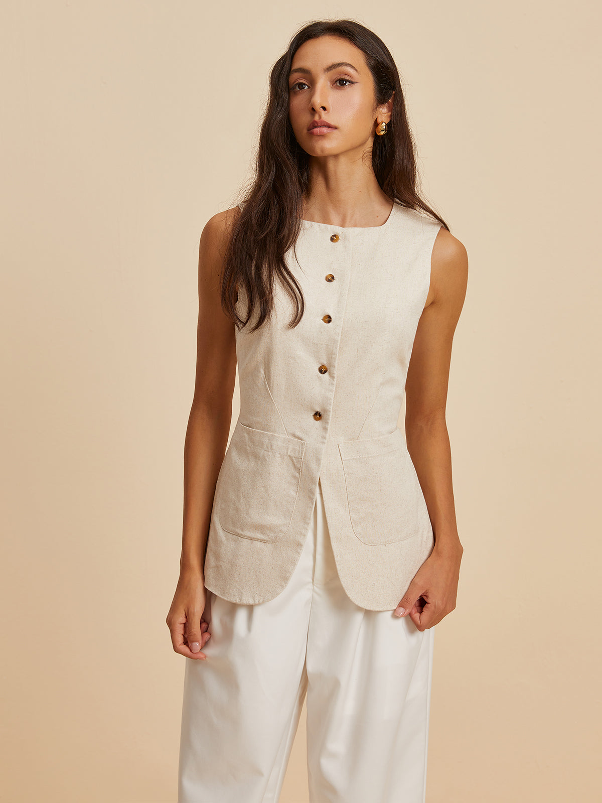 Linen Blend Pockets Vest-Chicvia