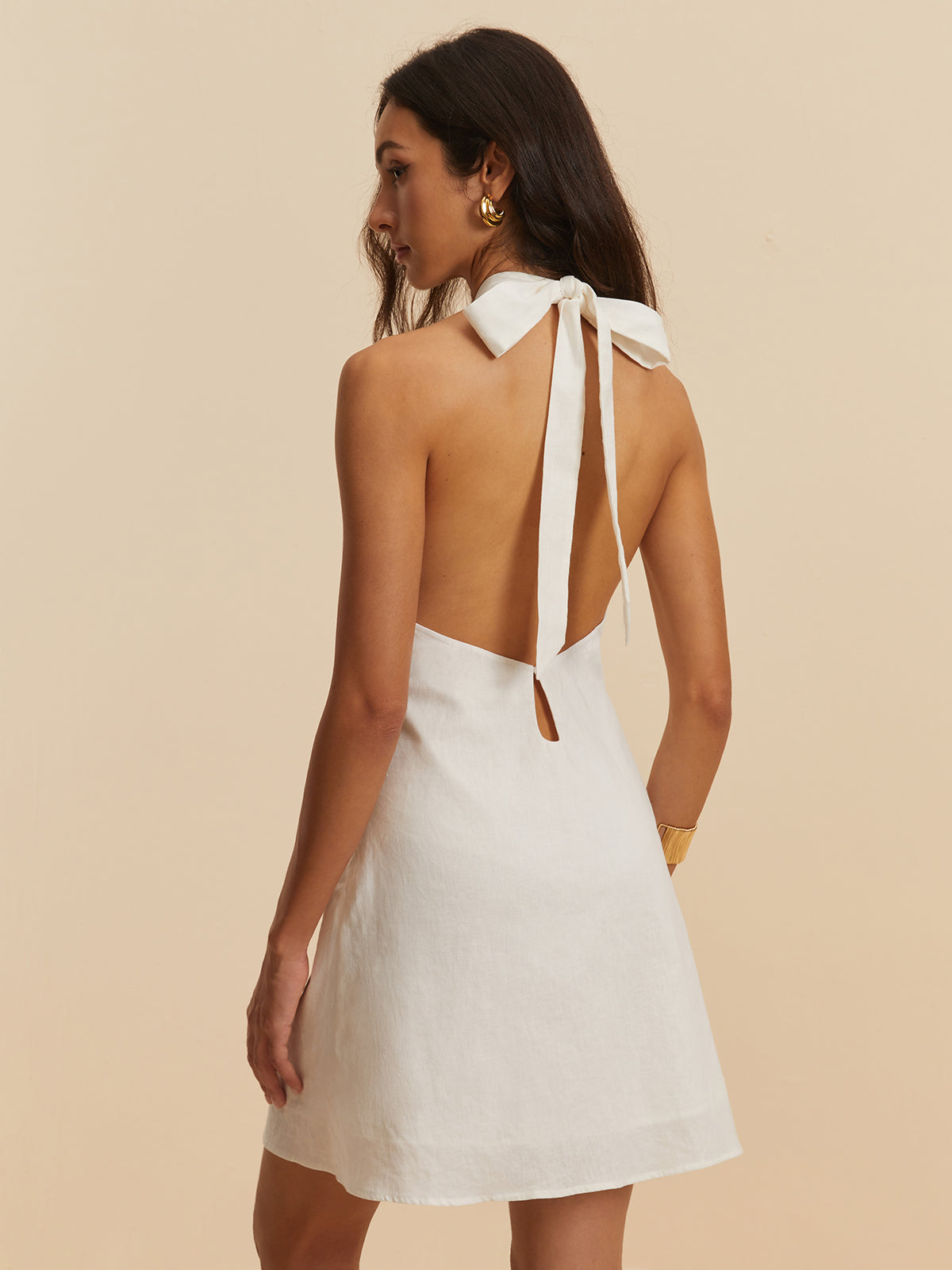 Cotton & Linen Backless Halter Dress-Chicvia