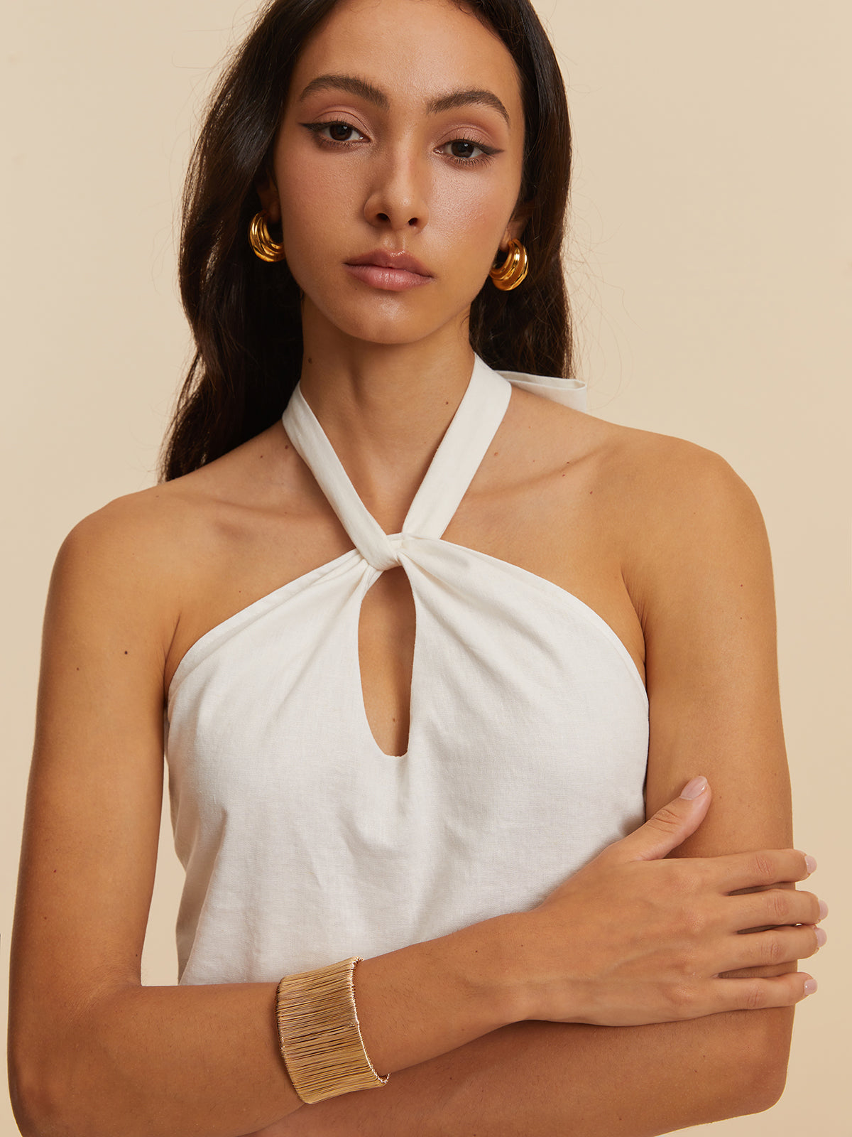 Cotton & Linen Backless Halter Dress-Chicvia