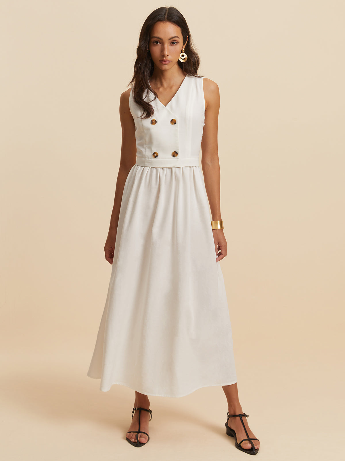 Cotton & Linen Button Sleeveless Dress-Chicvia