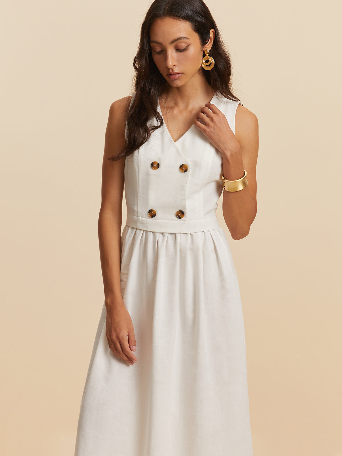 Cotton & Linen Button Sleeveless Dress-Chicvia