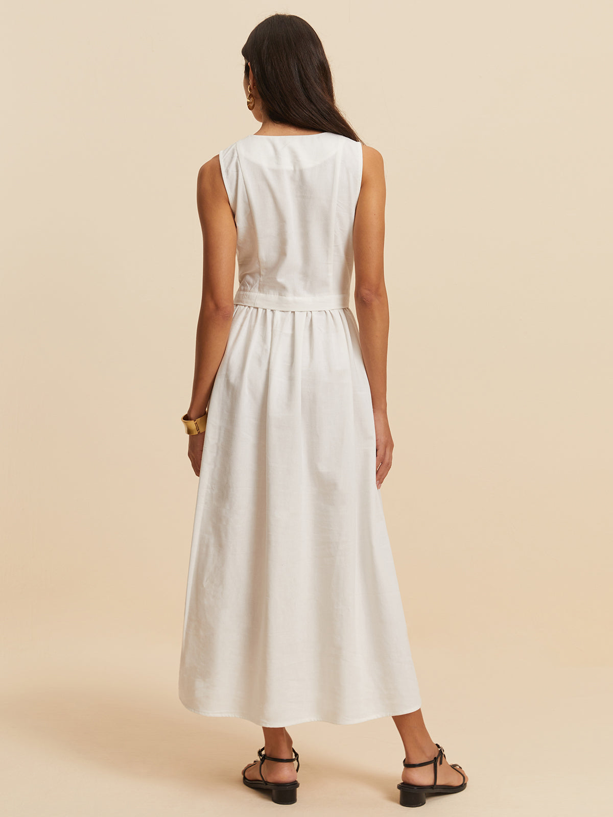 Cotton & Linen Button Sleeveless Dress-Chicvia
