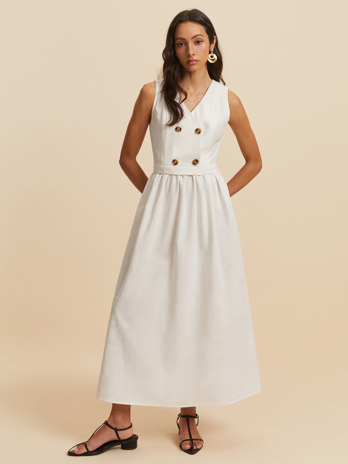 Cotton & Linen Button Sleeveless Dress-Chicvia